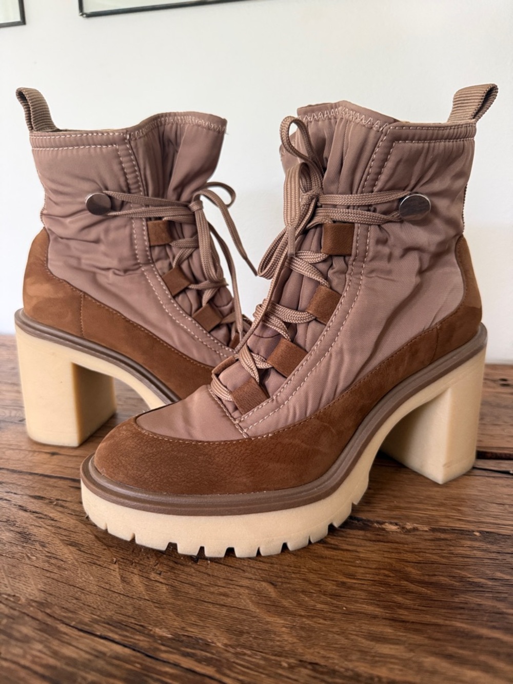 Dolce Vita Taupe and Brown Lace-Up Chunky Heel Boots